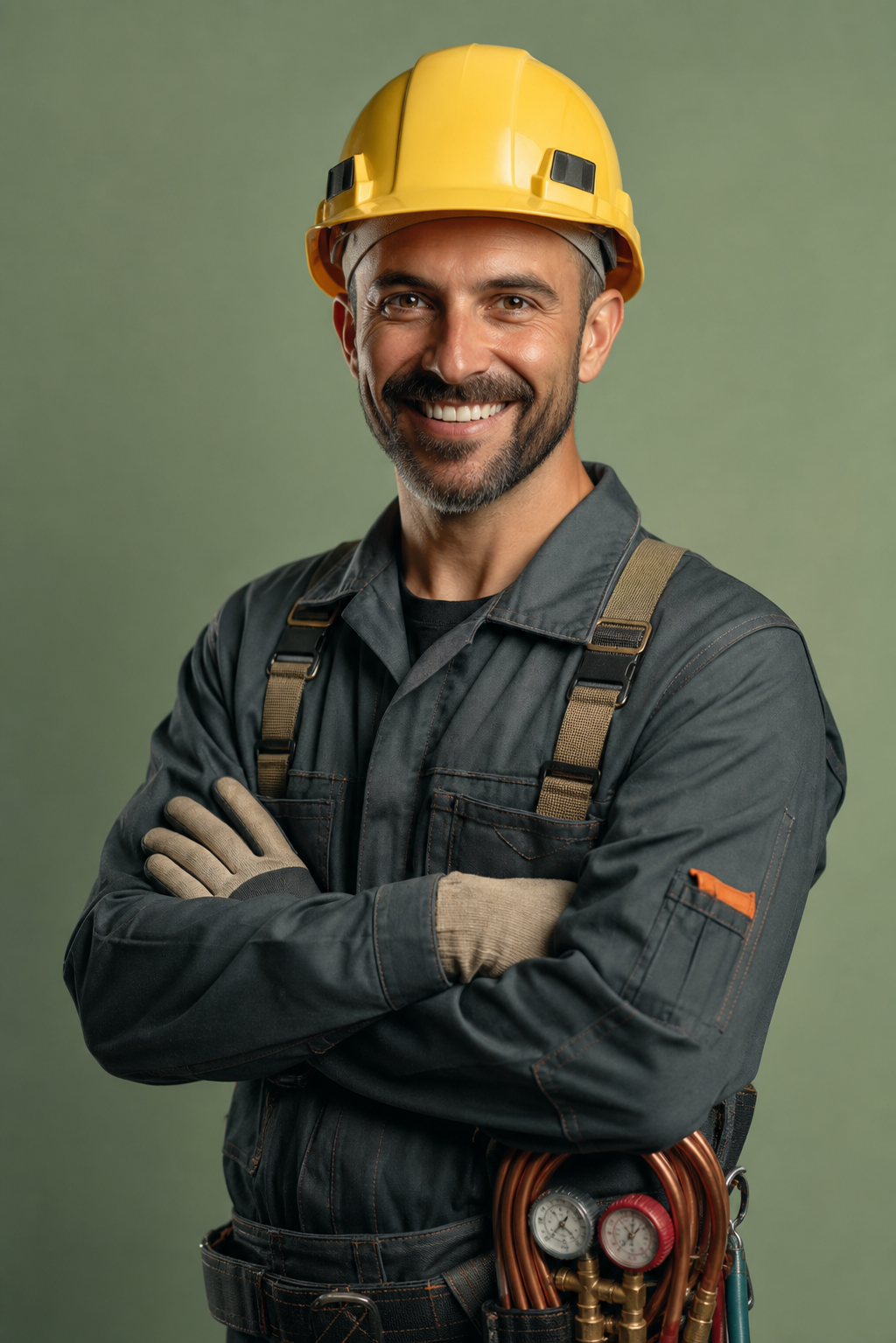 Smiling HVAC technician wearing a yellow hard hat