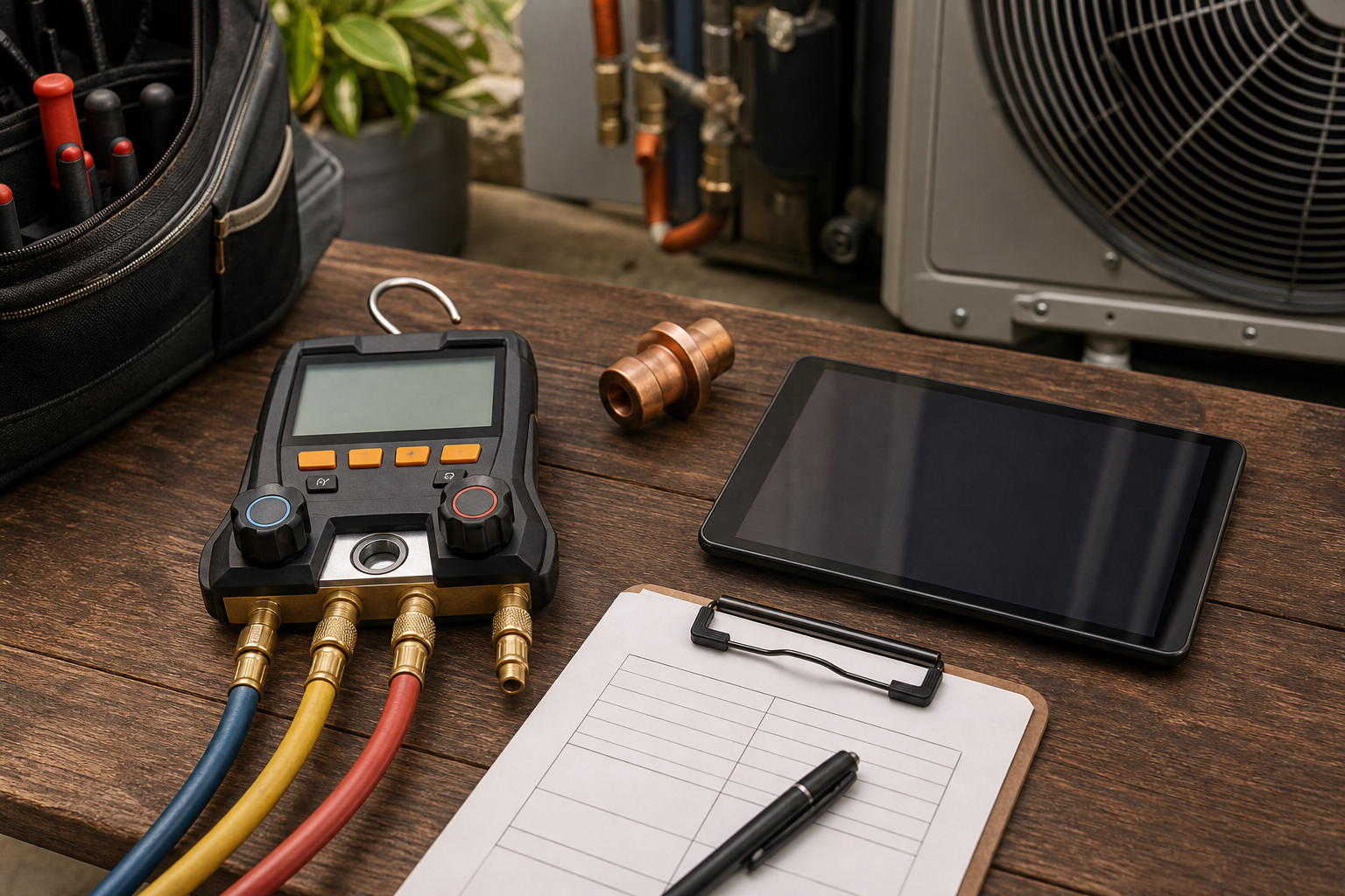 HVAC diagnostic tools on a workbench